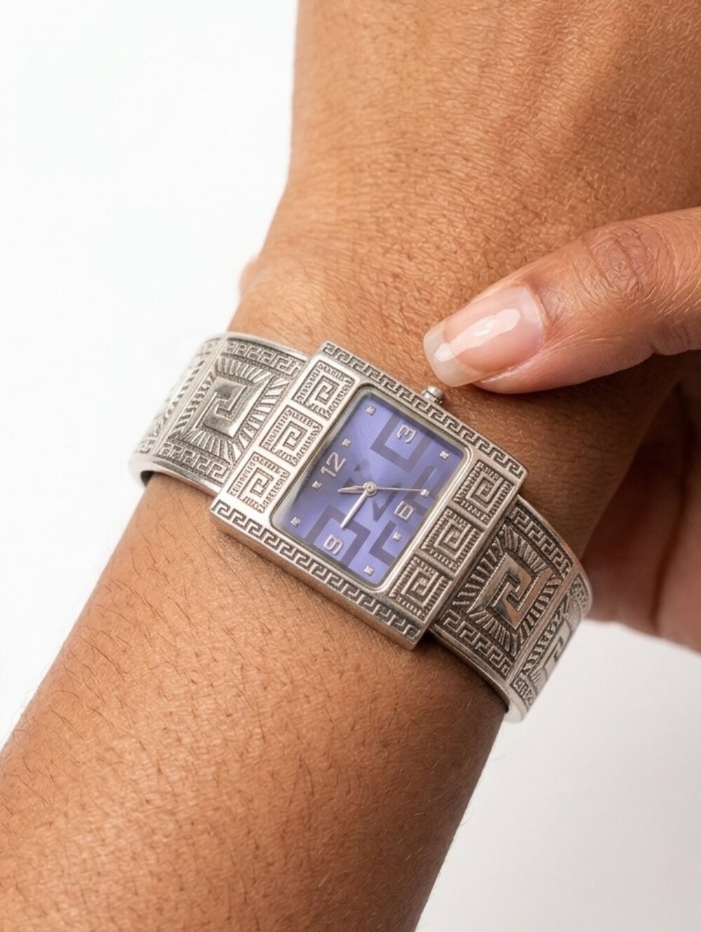 Kelly Stone Vintage Greek Key Pattern Silver Open Cuff Watch Square Purple Face